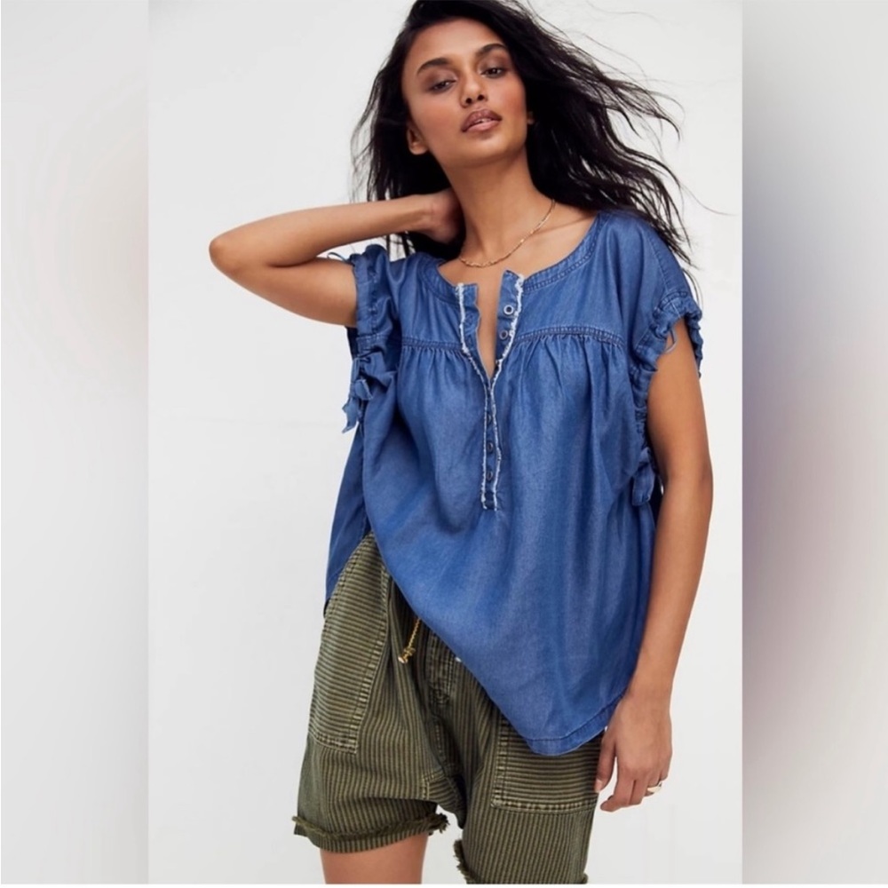 Free People We The Free Summer Love Tie Sleeve Henley Top Size Large